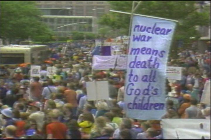 Crowds at a 1980s march for nuclear disarmament