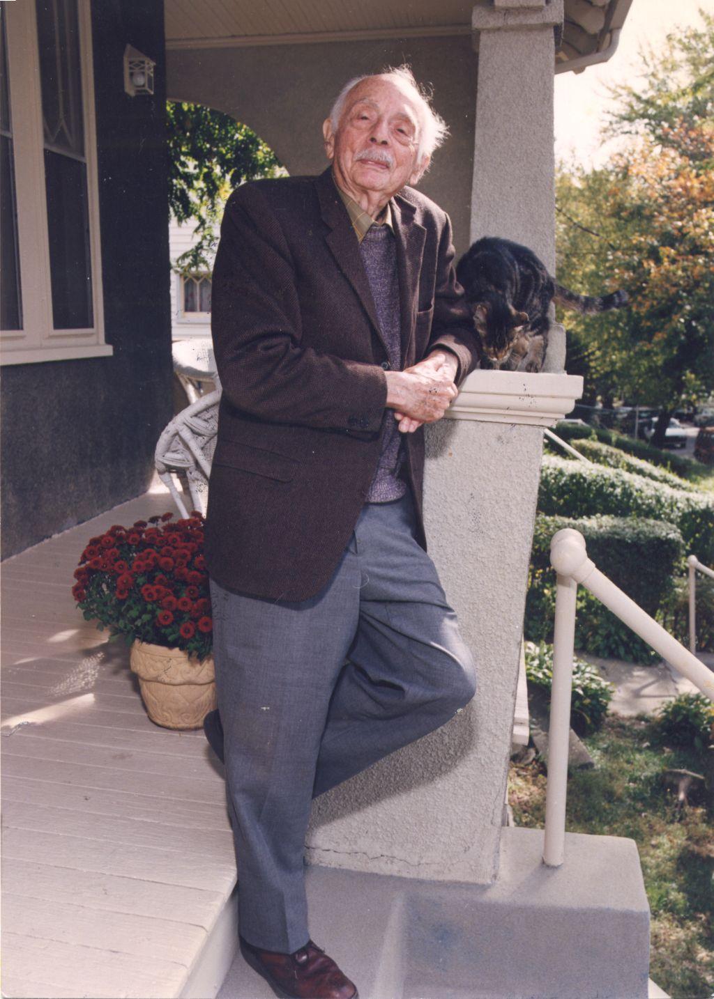 Poet Stanley Kunitz on the porch of 4 Woodford Street