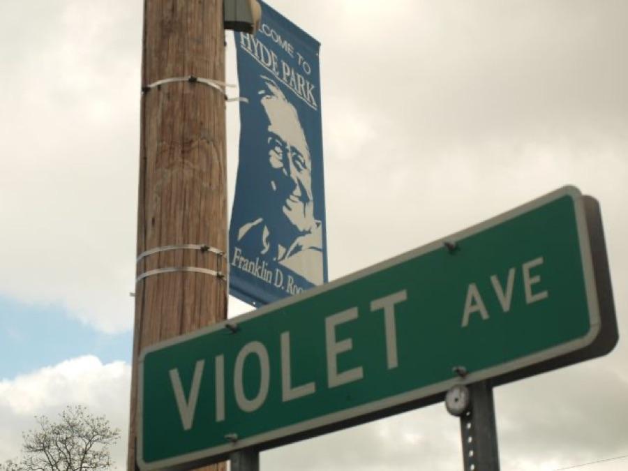 Violet Ave street sign in Hyde Park, NY, beneath a Franklin D. Roosevelt banner